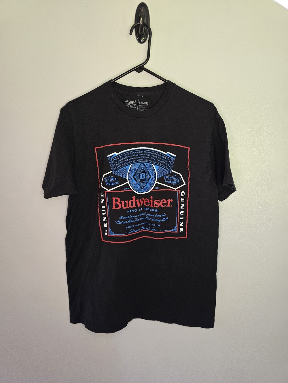 Budweiser Black Tee with Red and Blue Label Graphic